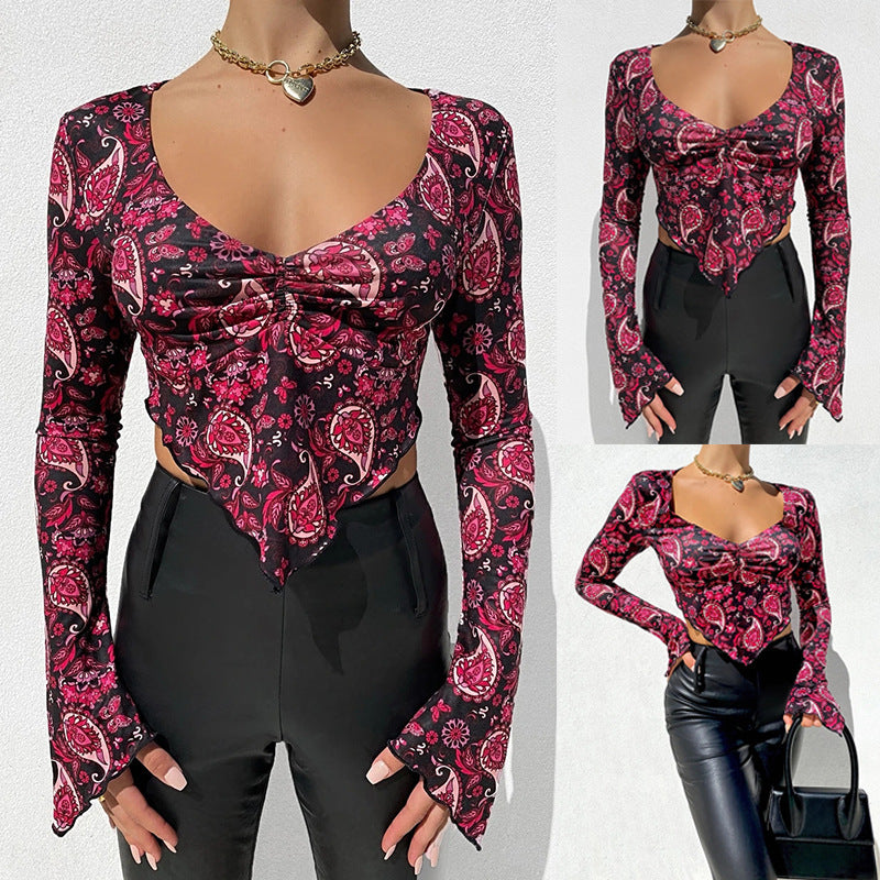 Printed V-Neck Long-Sleeved Navel Sexy Tops T-Shirt