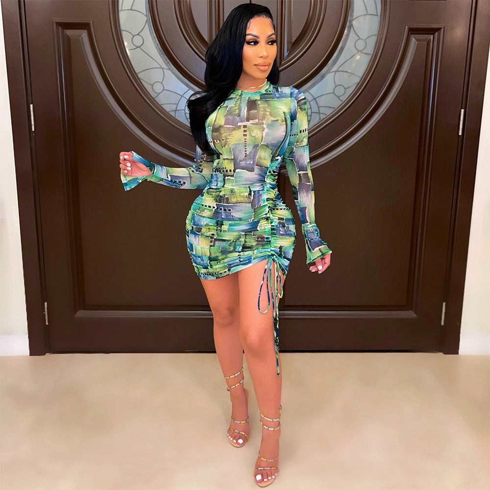 Sexy Women See-Through Print Pleated Long-Sleeved Night Clubbing Party Dress