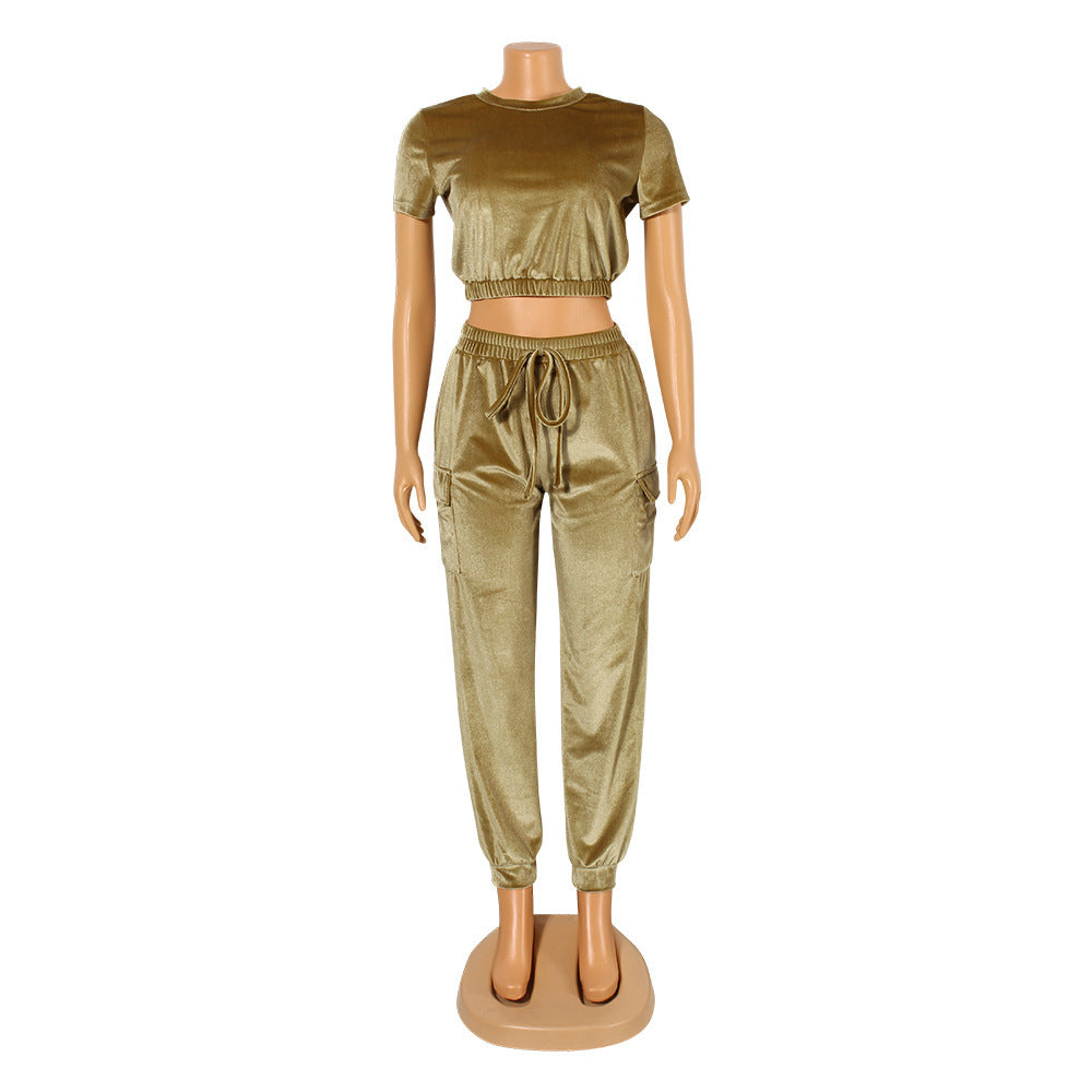 Fashion Sexy Loose Gold Velvet Two Piece Tops Pant Trouser Party Suit
