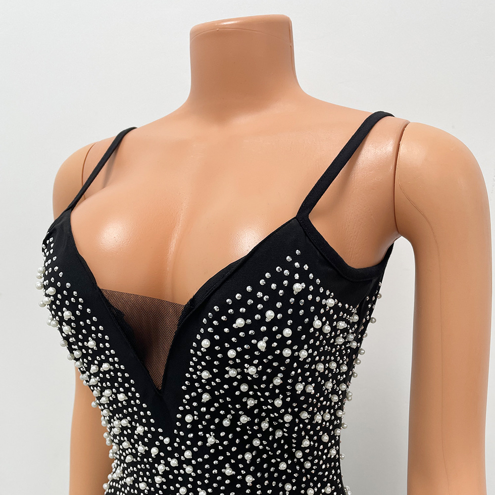 Sexy Fashion Night Club Hot-drilled Beaded Suspender Party Dress