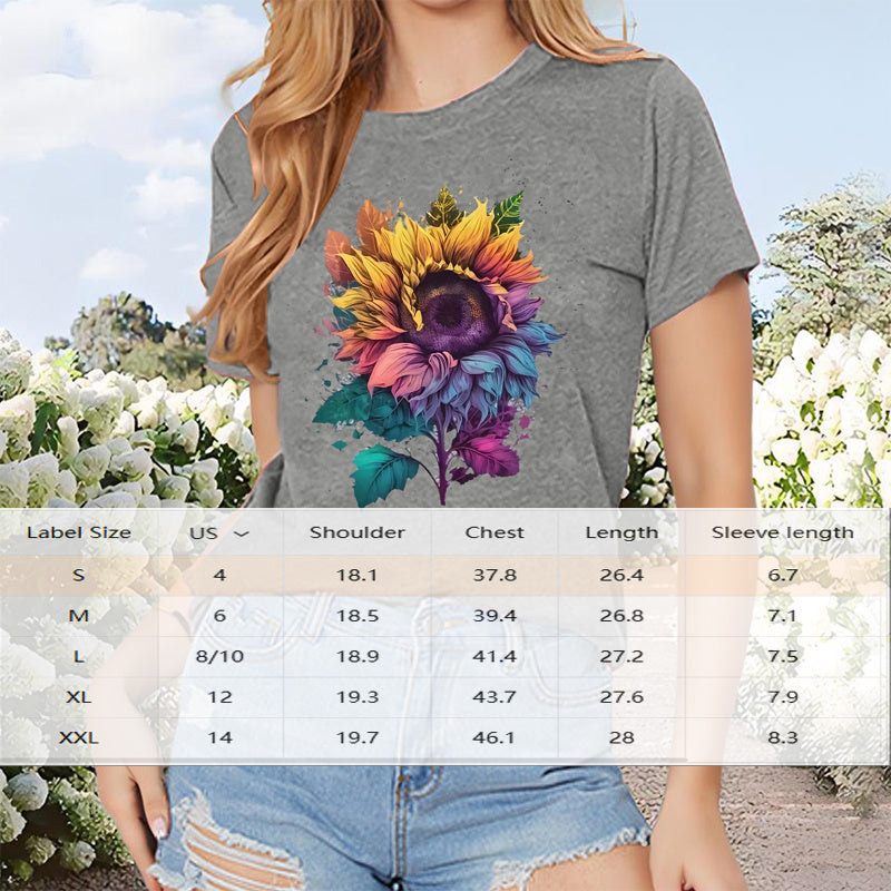 Women's Short Sleeve Round Neck Colorful Sunflower Print Tees Shirt Tops
