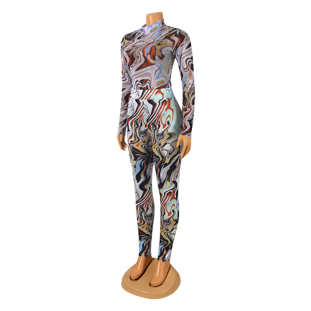 Sexy Mesh Printed Long-Sleeved Skinny Nightclub Party Jumpsuit