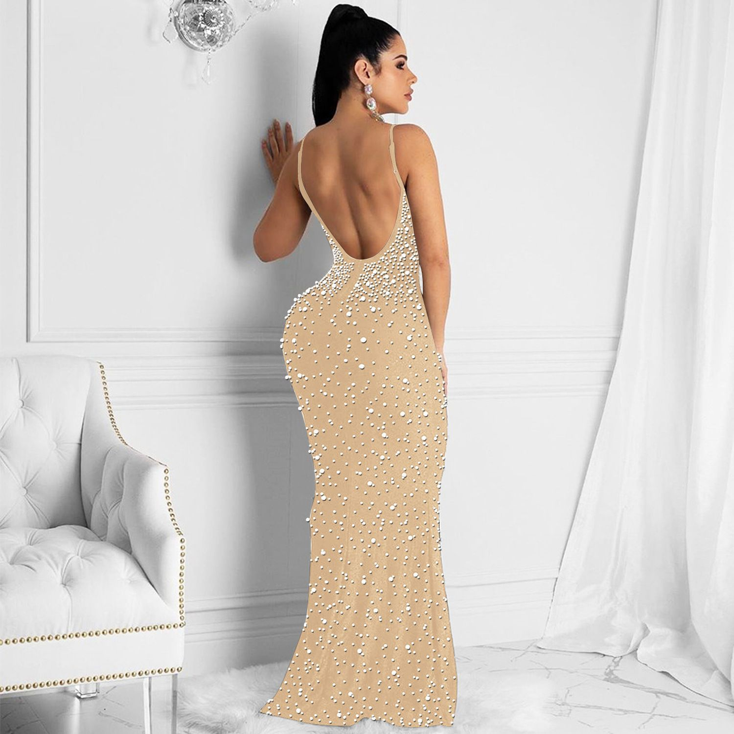 Sexy Fashion Night Club Hot-drilled Beaded Suspender Party Dress