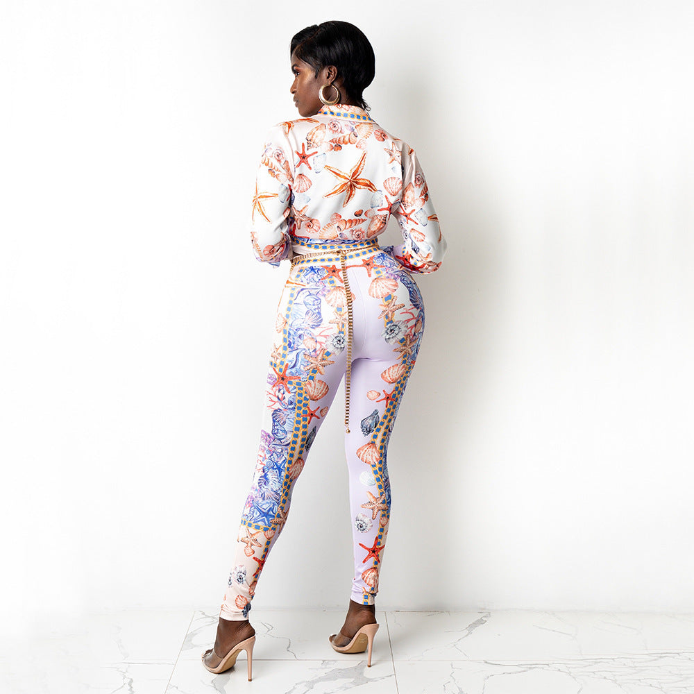Sexy Digital Printing Fashion Club Party Tops Trouser Pant Suit