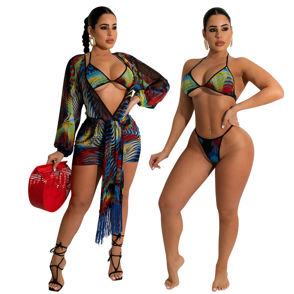 Sexy Mesh See-through Swimsuit Bikini Three-piece Bathing Beach Set