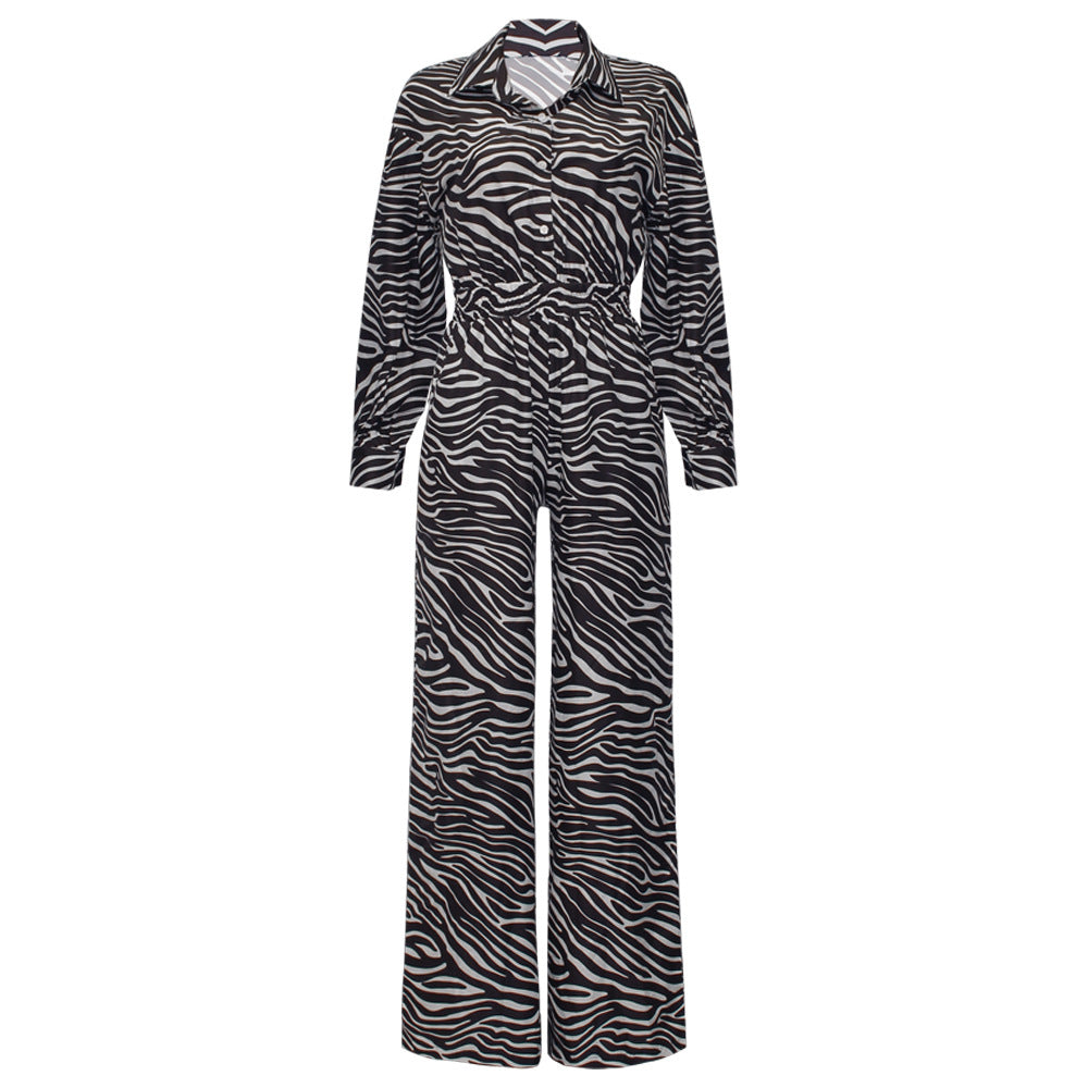 Fashion Print Lapel Long Sleeve High Waist Loose Party Jumpsuit