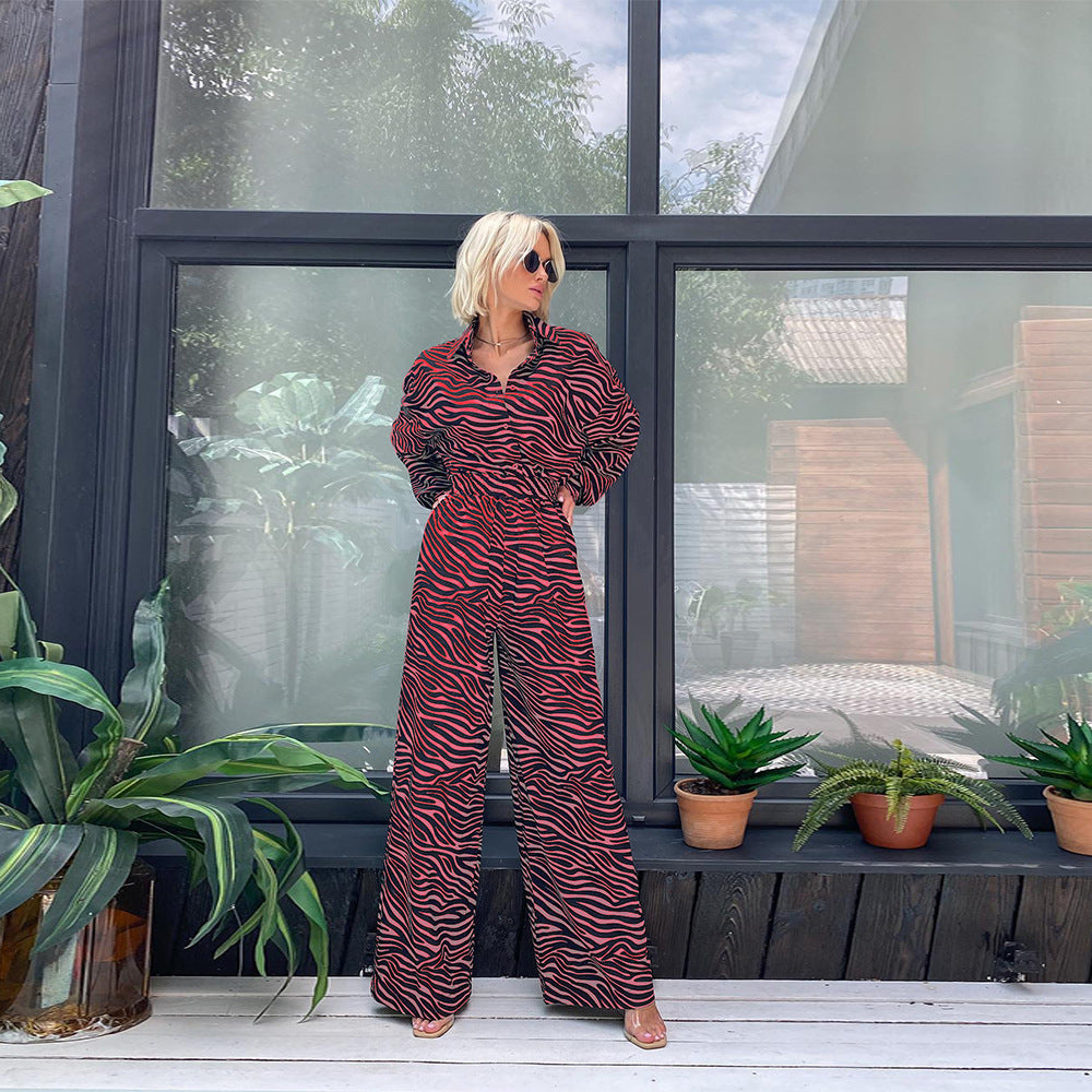 Fashion Print Lapel Long Sleeve High Waist Loose Party Jumpsuit