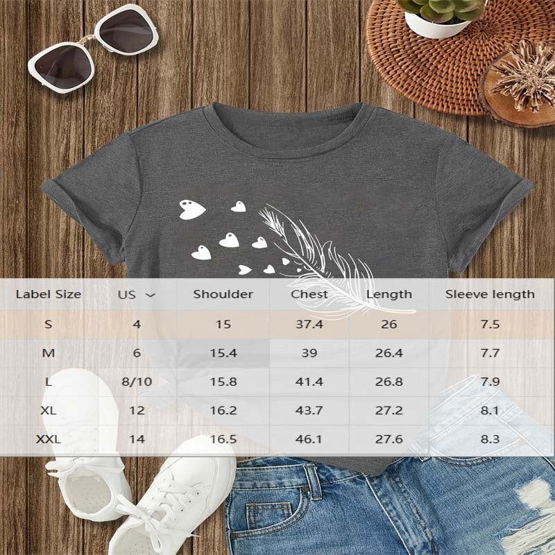 Women's Feather & Heart Print Short Sleeve Crew Neck T-Shirt Tops