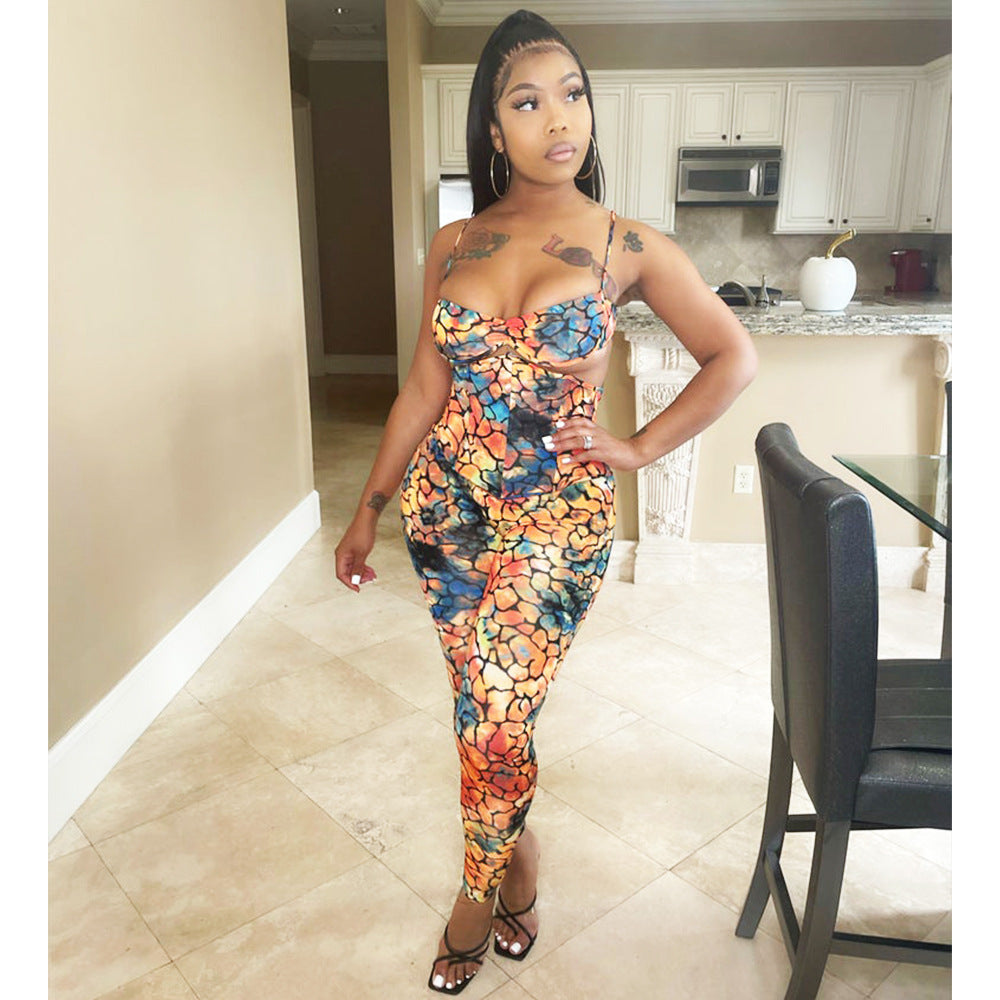 Two-Piece Sexy High-Waisted Printed Suspenders Clubbing Night Tops + Pant Trousers