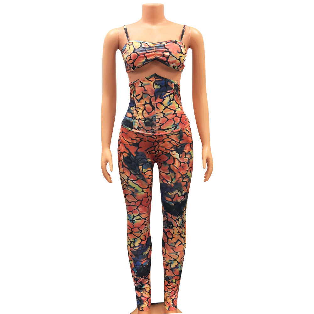 Two-Piece Sexy High-Waisted Printed Suspenders Clubbing Night Tops + Pant Trousers