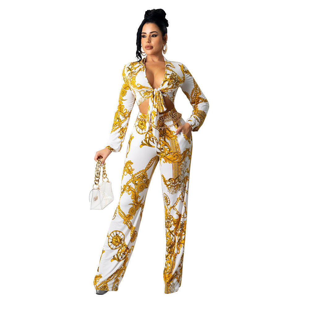 Sexy Milk Silk Printing Two-Piece Nightclub Tops + Pant Trouser Suit