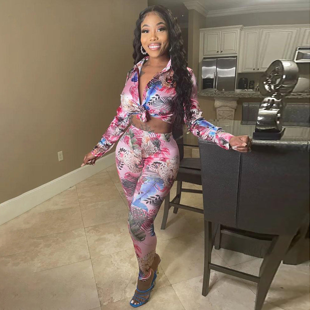 Sexy Fashion Printed Long-Sleeved Tops + Bottom Trouser Suit