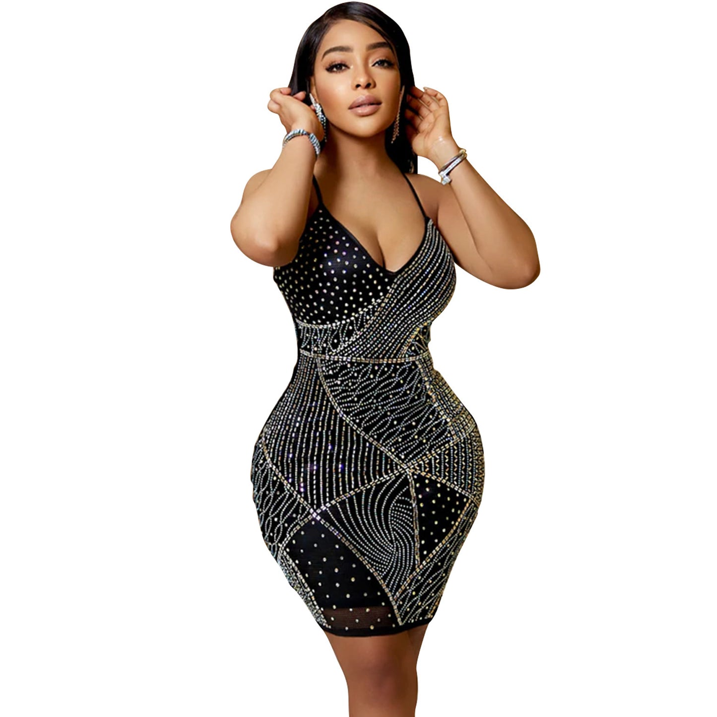 Women Sexy V-neck Nightclub Hot Diamond Clubbing Party Dress
