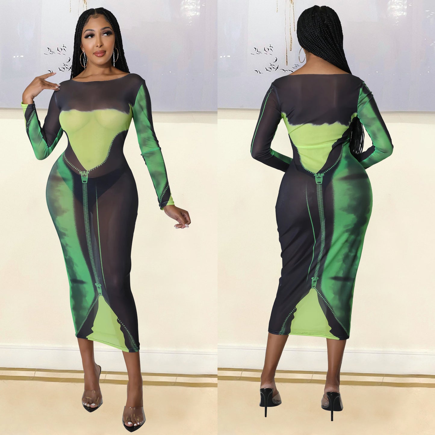 Sexy Fashion Mesh Print Long Sleeve Midi Might Club Party Dress