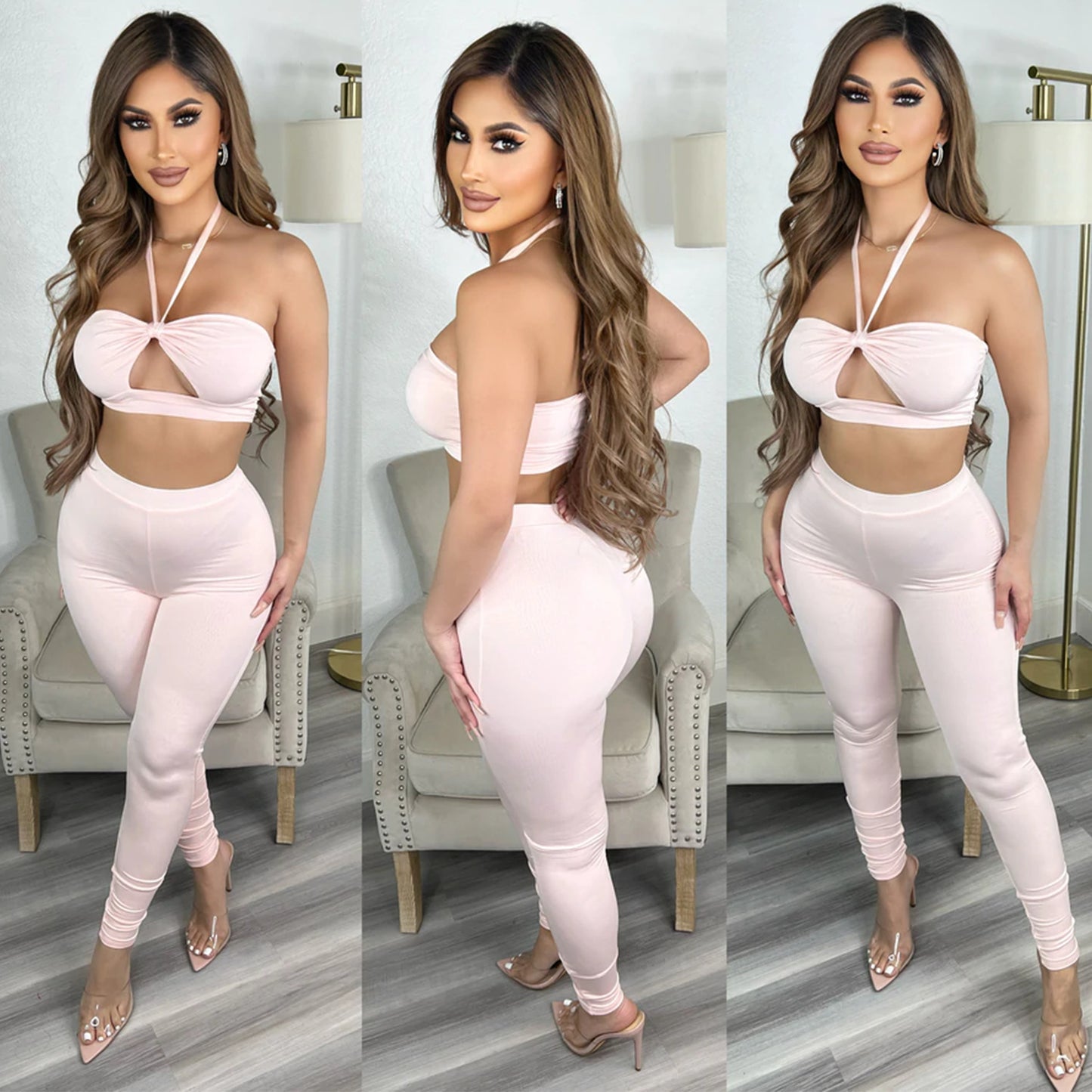Women's Skinny Cutout Tie Two Piece Nightclub Party Tops Pant Set