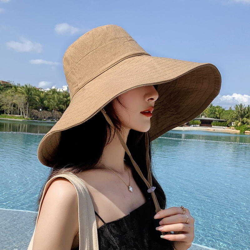 Women Solid Color Big Brim Fisherman Foldable Sun Sunscreen Shading Hat