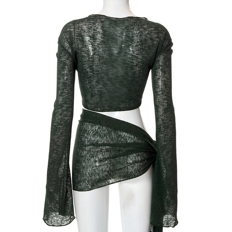 Women Mesh See-through Strap Long-sleeved Wrap Tops Skirt