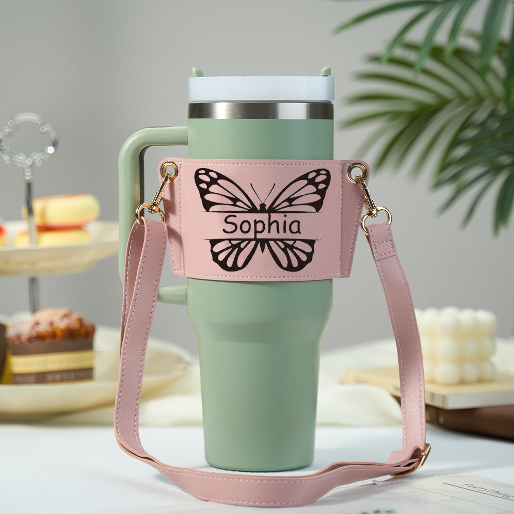 Personalized Butterfly Adjustable Strap Drink Water Bottle Sleeves Carrier Gift Bag - 40oz Stanley Tumbler