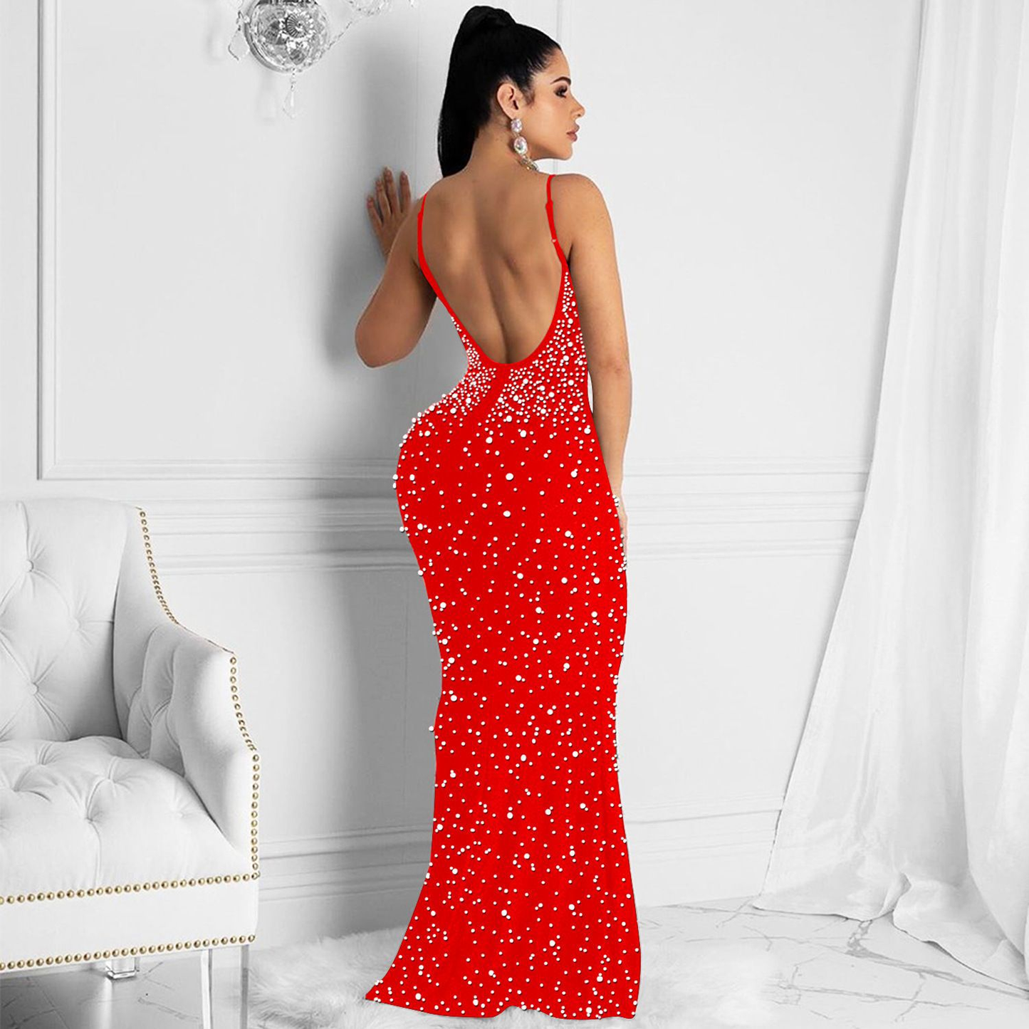 Sexy Fashion Night Club Hot-drilled Beaded Suspender Party Dress
