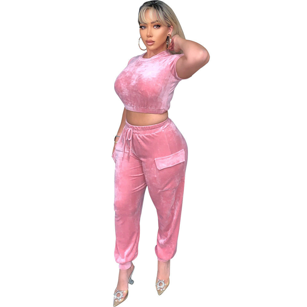 Fashion Sexy Loose Gold Velvet Two Piece Tops Pant Trouser Party Suit