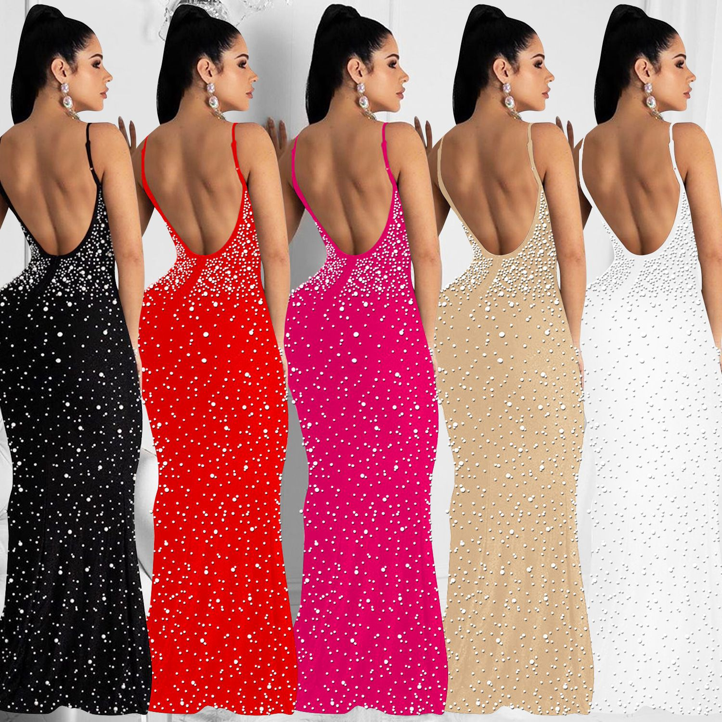 Sexy Fashion Night Club Hot-drilled Beaded Suspender Party Dress