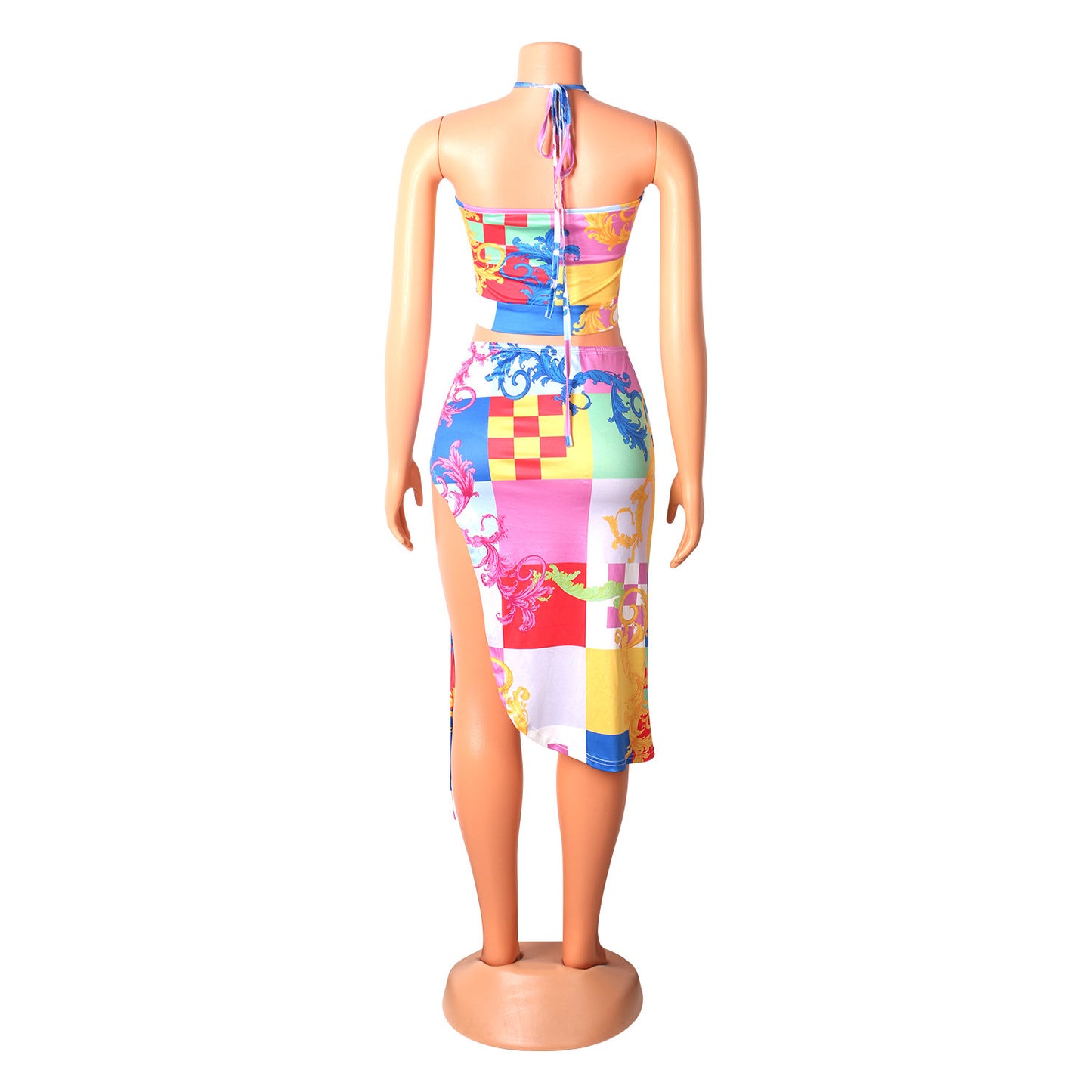 Two-piece Sexy Nightclub Irregular Short Skirt with Wrapped Chest + Halter Tops