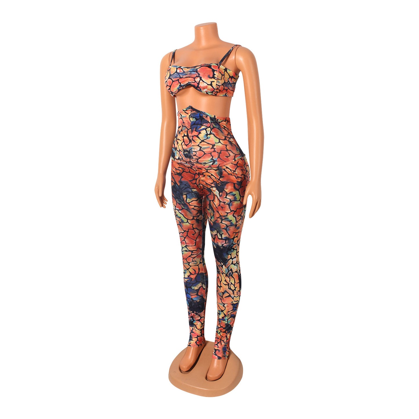 Two-Piece Sexy High-Waisted Printed Suspenders Clubbing Night Tops + Pant Trousers