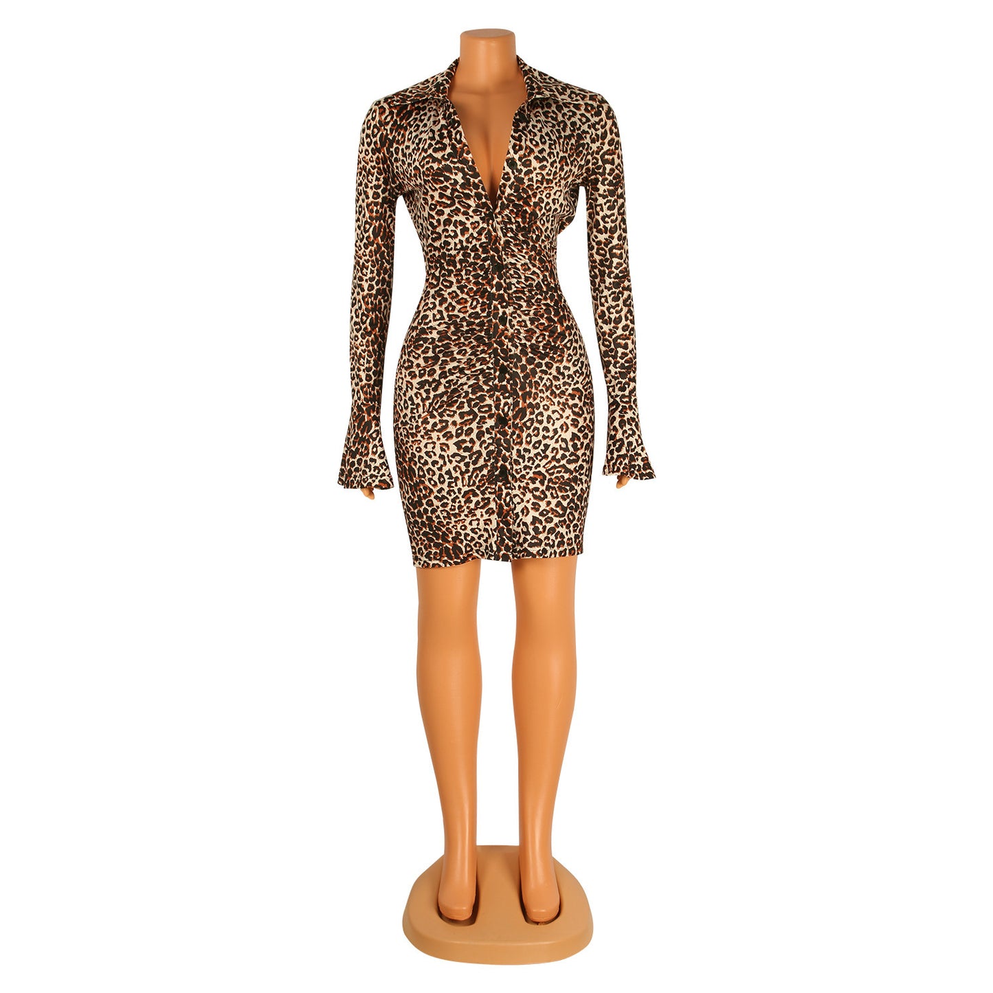 Sexy Leopard Print Long Sleeve Flared Sleeve Night Shirt Mini Party Dress