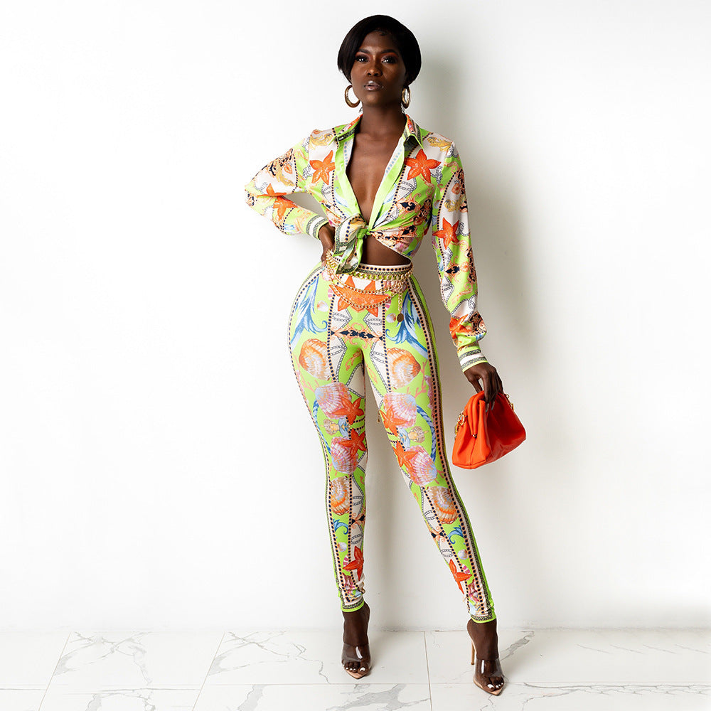 Sexy Digital Printing Fashion Club Party Tops Trouser Pant Suit