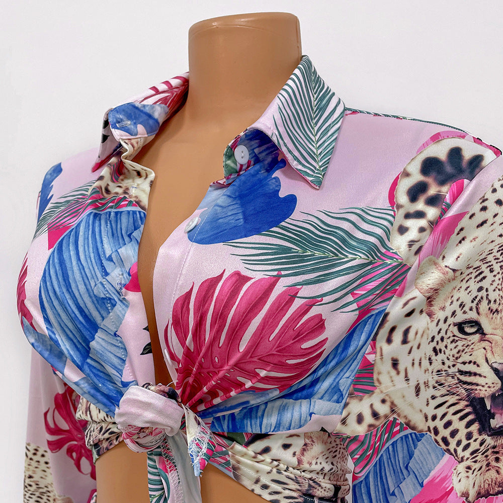 Sexy Fashion Printed Long-Sleeved Tops + Bottom Trouser Suit