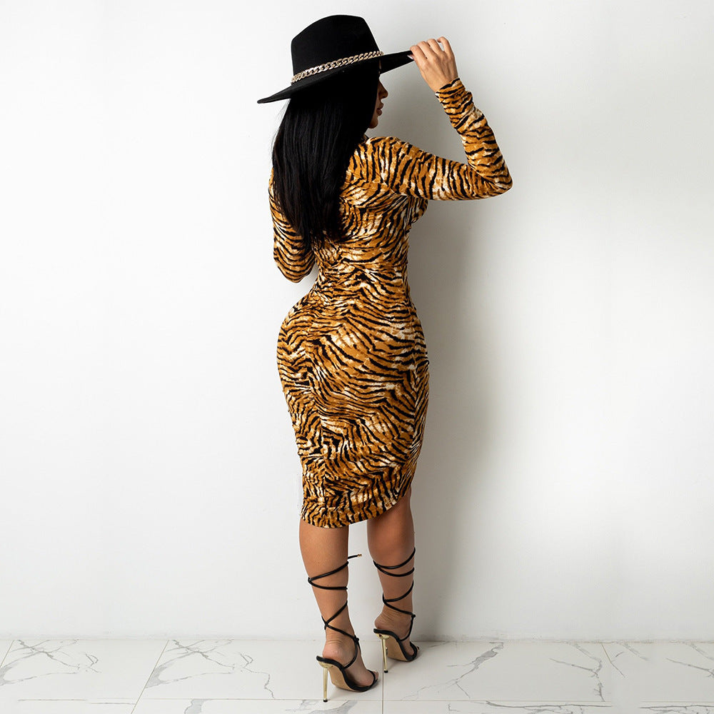 Sexy Prints Pleated Irregular Shirt Long Sleeve Night Club Party Dress
