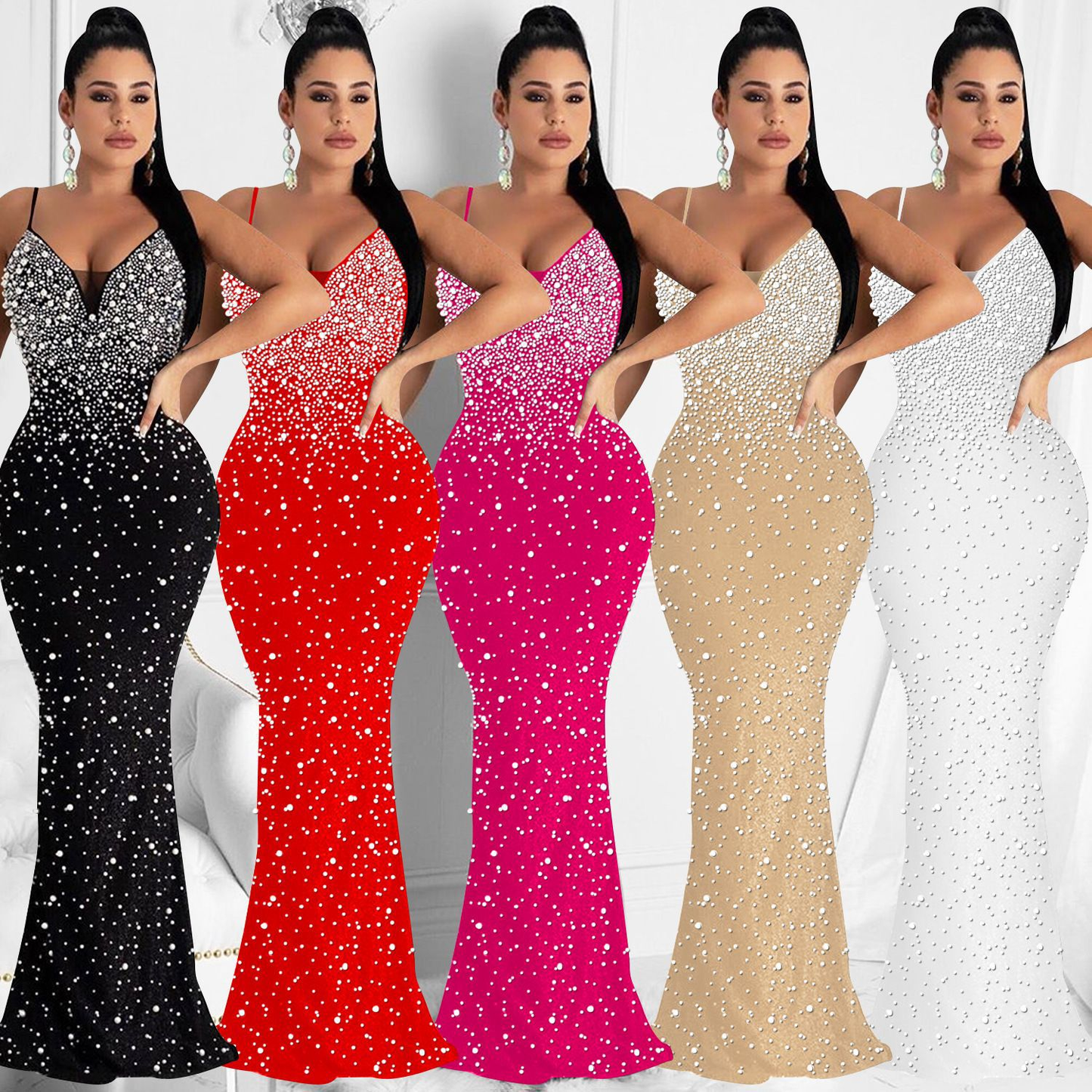 Sexy Fashion Night Club Hot-drilled Beaded Suspender Party Dress