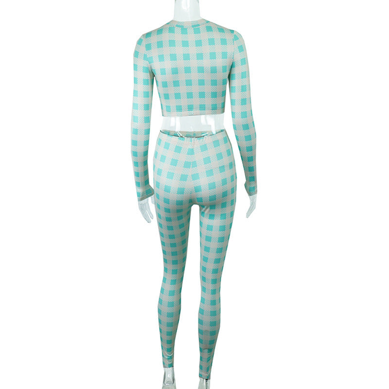 Sexy Long Sleeve Sports Cropped Navel Slim Tops Pant Trousers Suits