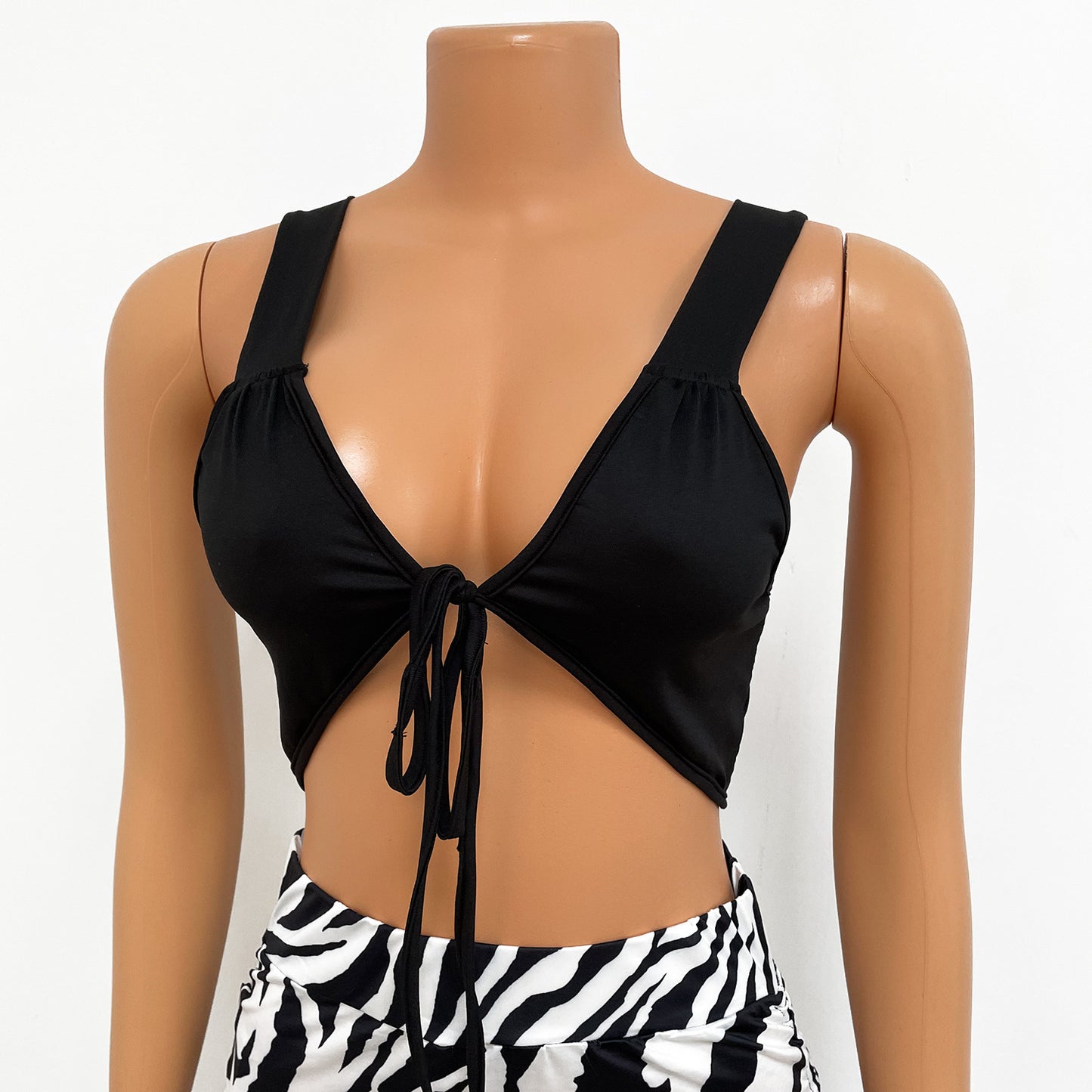 Sexy Color Matching Strappy Vest Print Ladies Two-Piece Tops + Bottom Suit