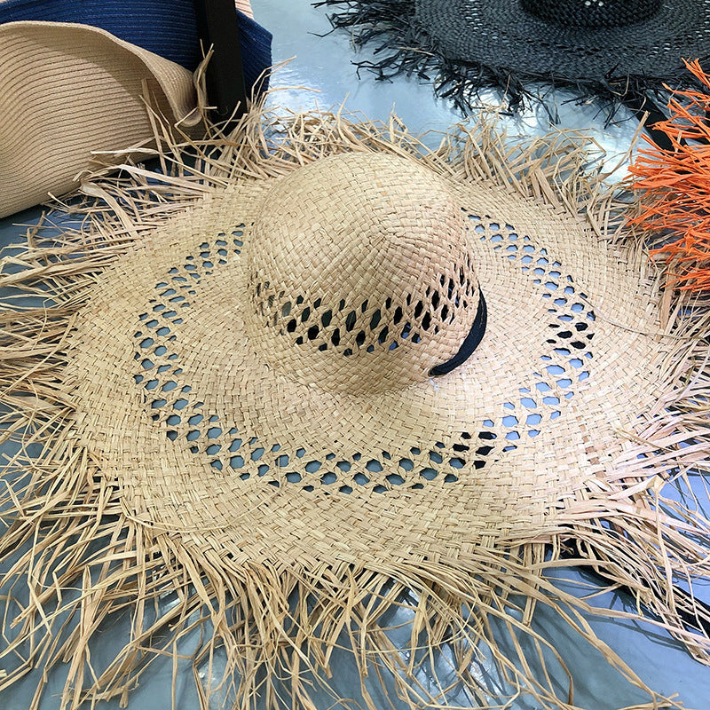 Women Fashion Tassel Big Brim Raffia Colorful Sunshade Hat