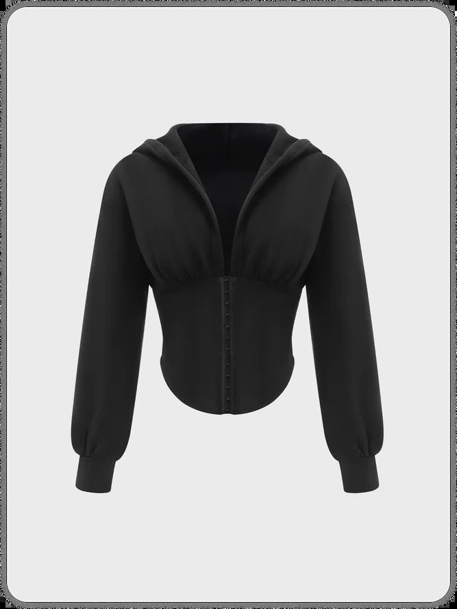 Women Solid Color V Neck Buckle Waist Long Sleeve Hooded Sweater Jacket