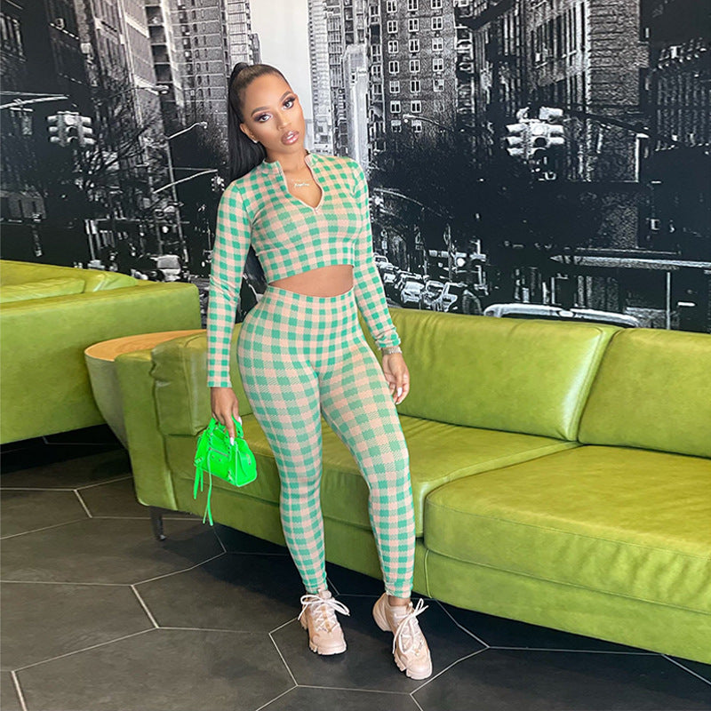 Sexy Long Sleeve Sports Cropped Navel Slim Tops Pant Trousers Suits