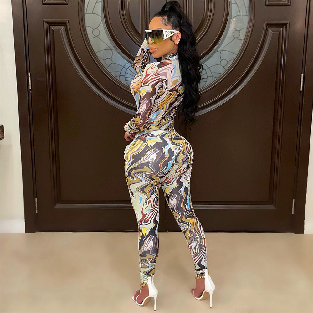 Sexy Mesh Printed Long-Sleeved Skinny Nightclub Party Jumpsuit