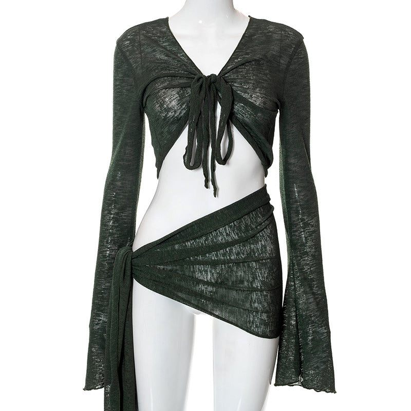 Women Mesh See-through Strap Long-sleeved Wrap Tops Skirt