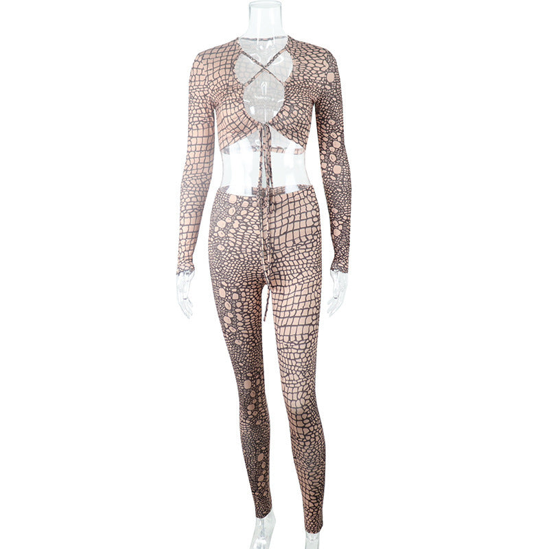 Women Drawstring Navel Long Sleeve Crop Tops High Waist Bodycon Pants Set