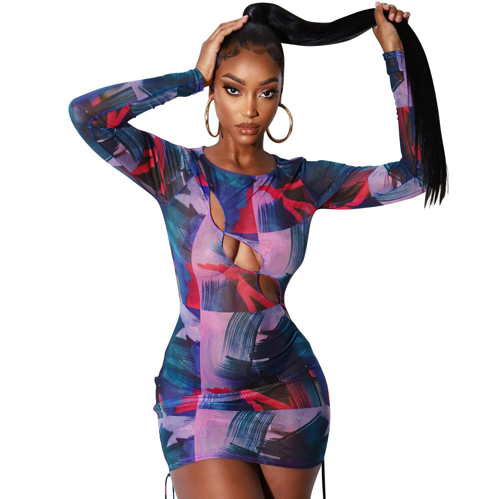 Nightclub Sexy Net Gauze See-Through Long-Sleeved Party Dress