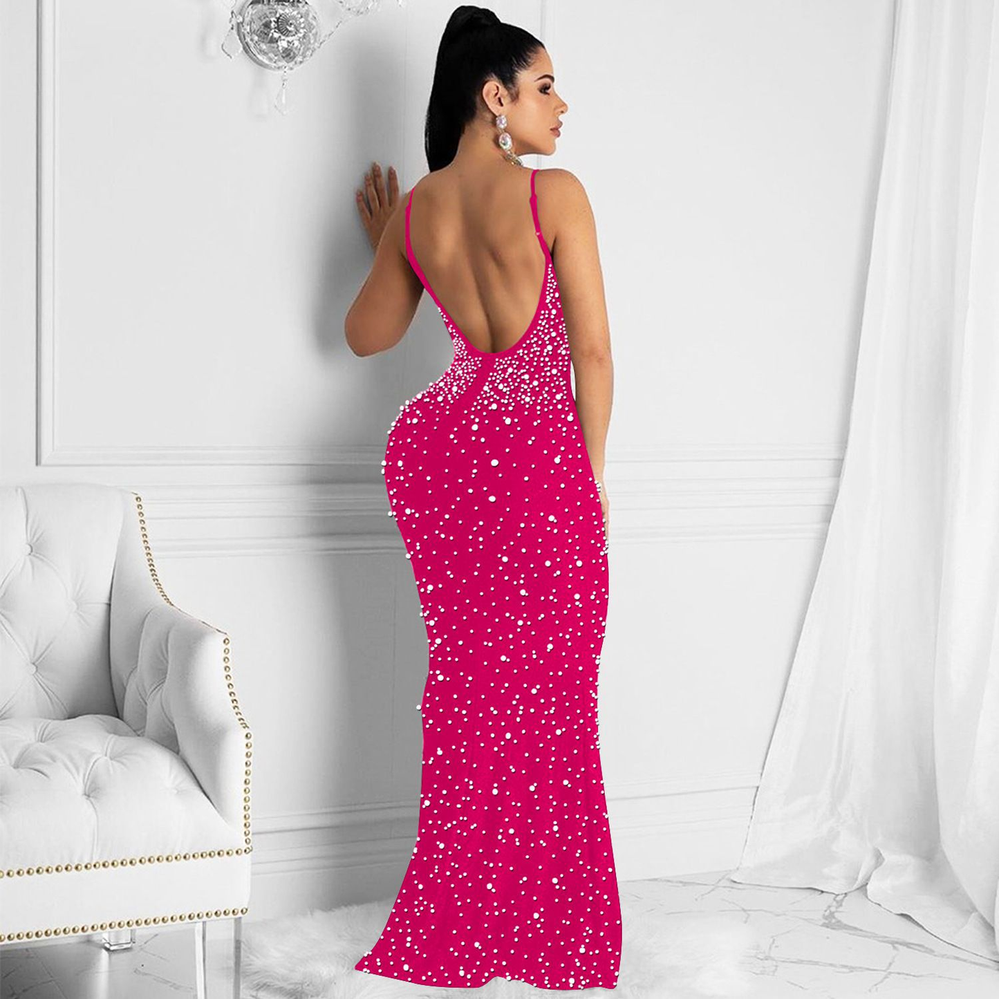 Sexy Fashion Night Club Hot-drilled Beaded Suspender Party Dress