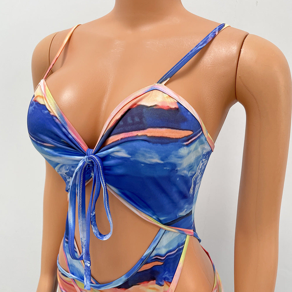 Sexy Women's Fashion Milk Silk Print Cutout Night Club Party Jumpsuit