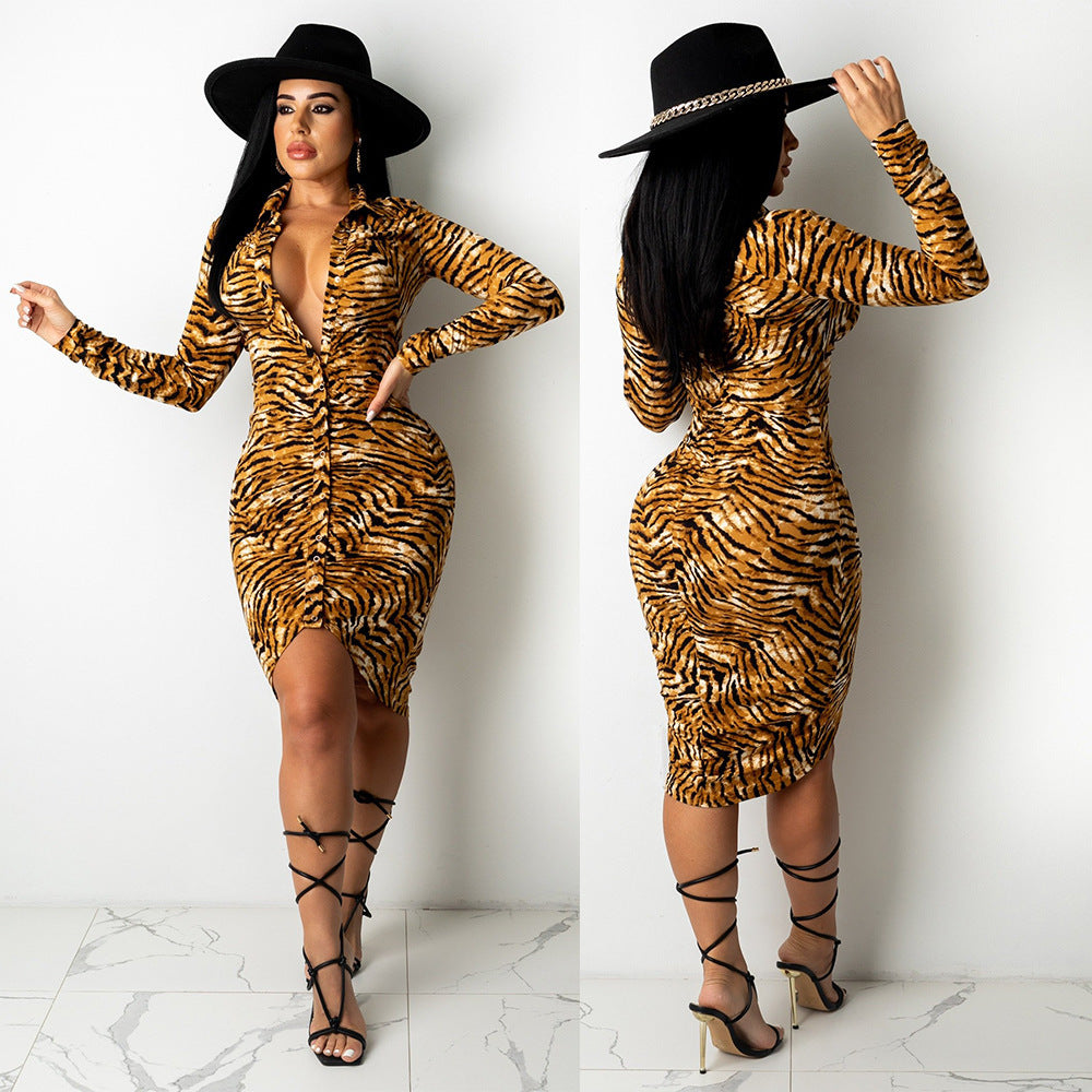 Sexy Prints Pleated Irregular Shirt Long Sleeve Night Club Party Dress