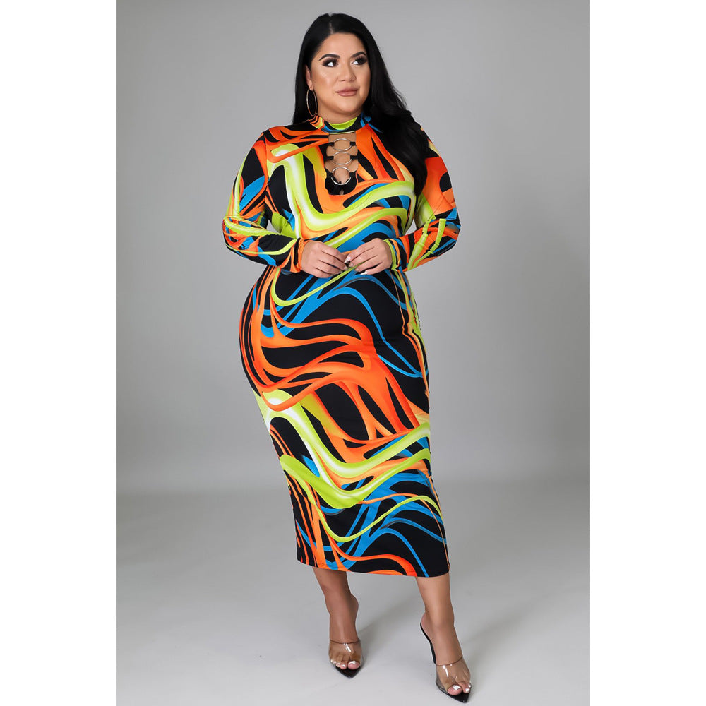 Plus Size Sexy Tight Sexy Long Sleeve Printed Night Club Party Dress