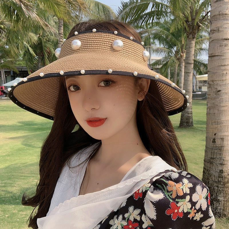 Women Straw Sun Protection Top Pearl Topless Travel Beach Hat