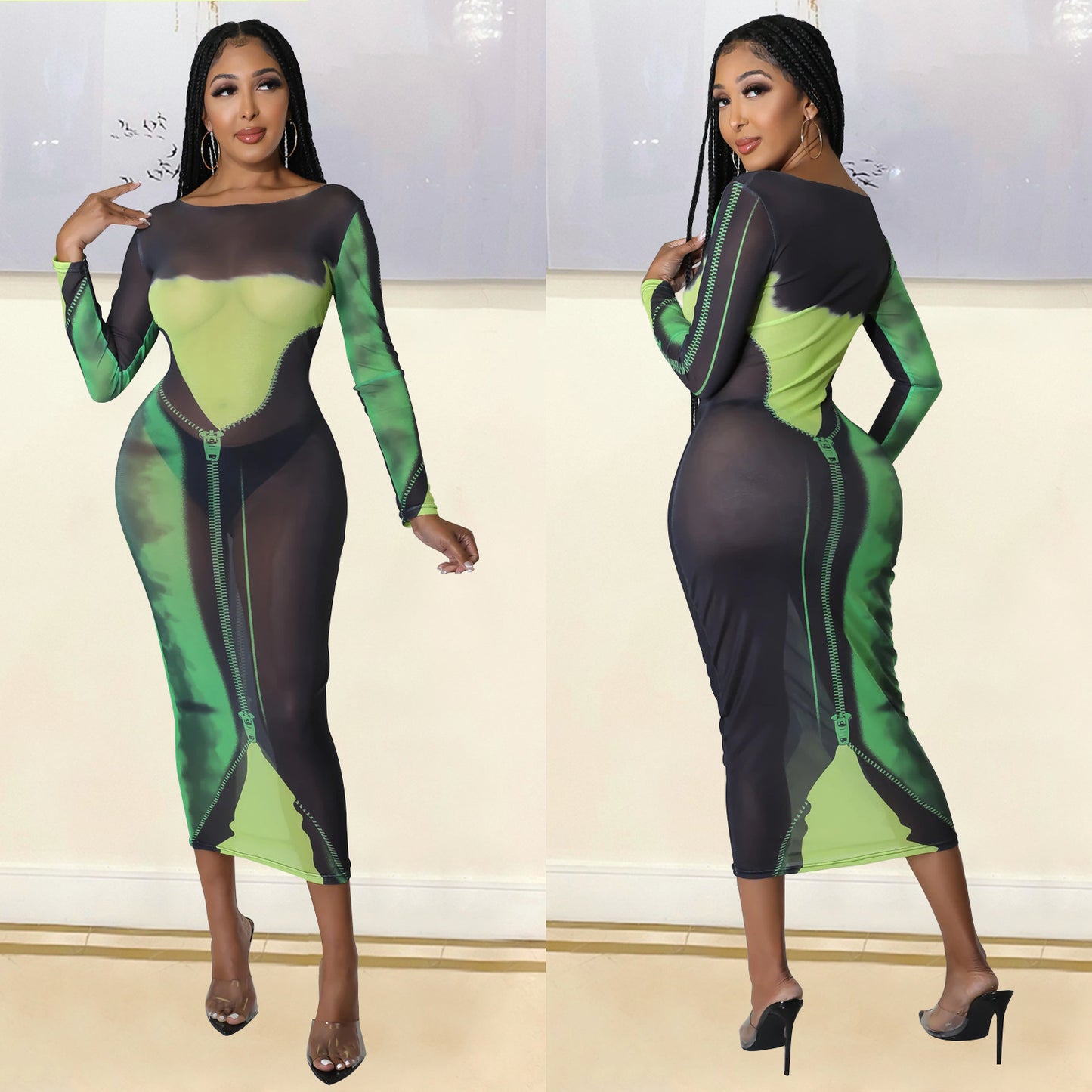 Sexy Fashion Mesh Print Long Sleeve Midi Might Club Party Dress
