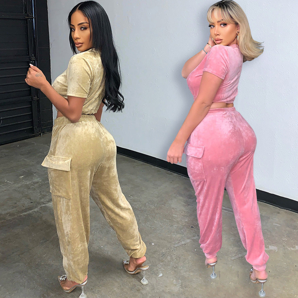 Fashion Sexy Loose Gold Velvet Two Piece Tops Pant Trouser Party Suit