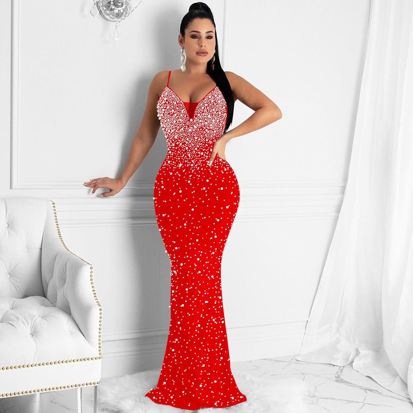 Sexy Fashion Night Club Hot-drilled Beaded Suspender Party Dress