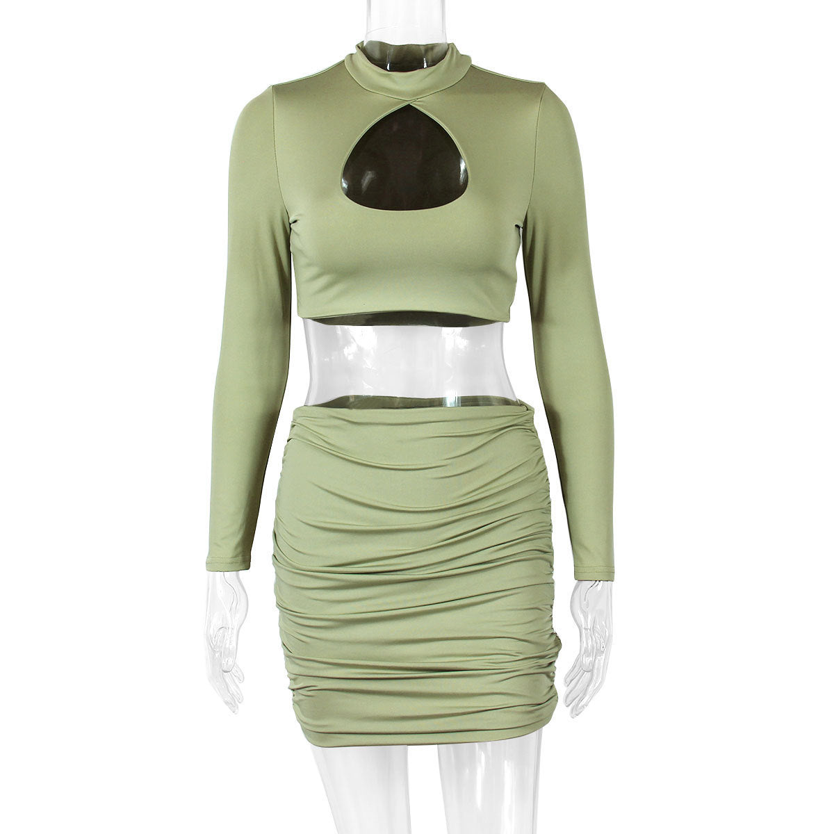 Women's Cutout Long Sleeve Pleated Cropped Navel Two-Pieces Tops Skirt Set